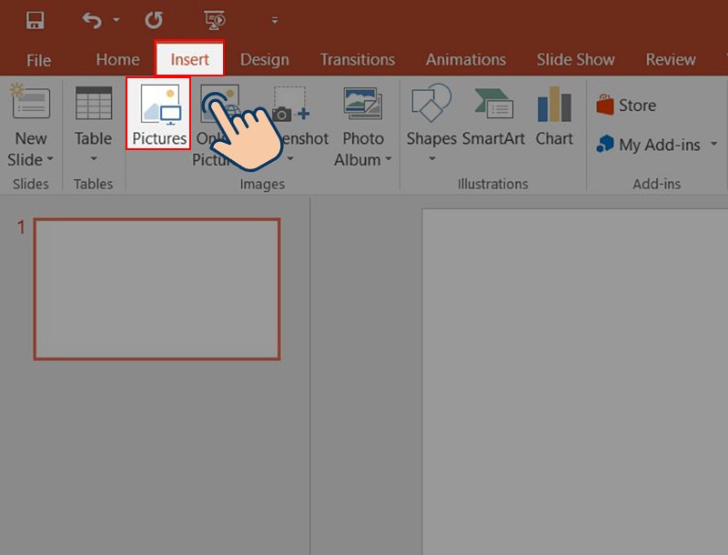 Mở Powerpoint lên, tiếp theo chọn vào Insert và nhấn vào Pictures. 