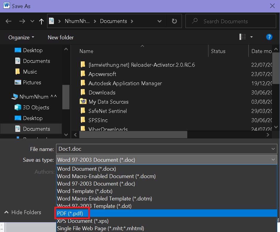 Ở mục Save as type bạn chọn PDF