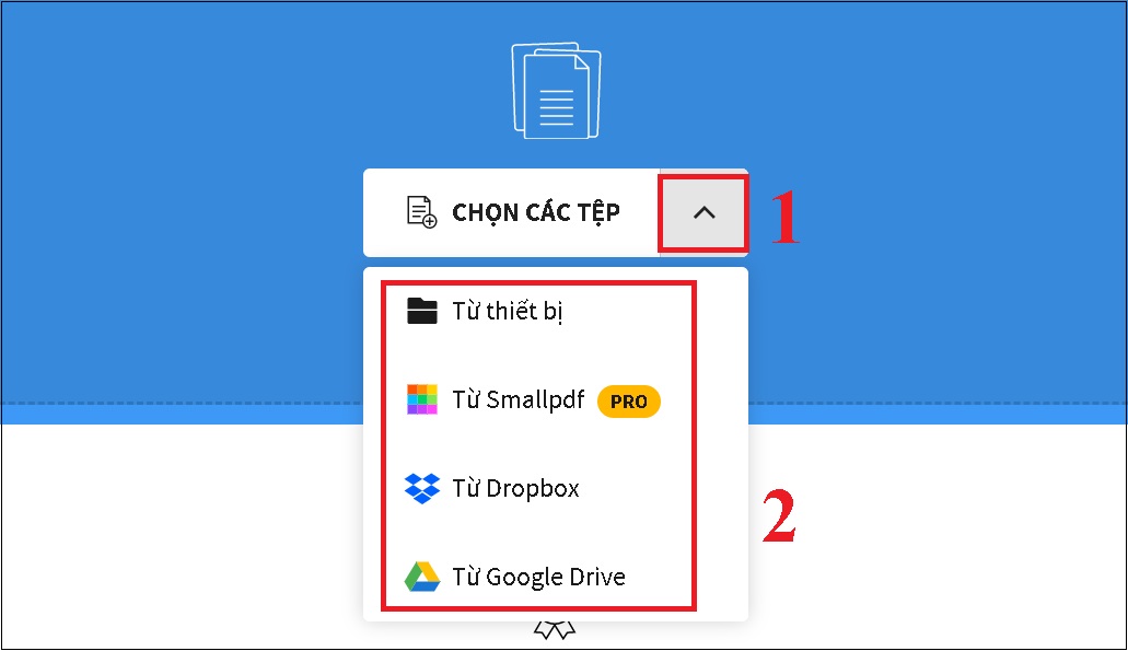 Nhấn vào biểu tượng mũi tên để chọn nguồn tải file Word lên.