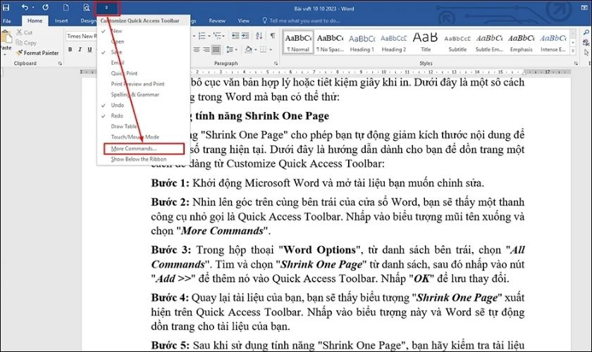 Nhấp vào mũi tên hướng xuống và chọn More Commands