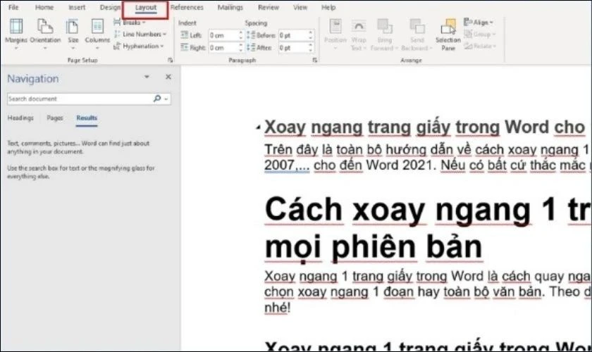 Mở tài liệu Word chọn tab Layout rồi nhấn vào nút Orientation