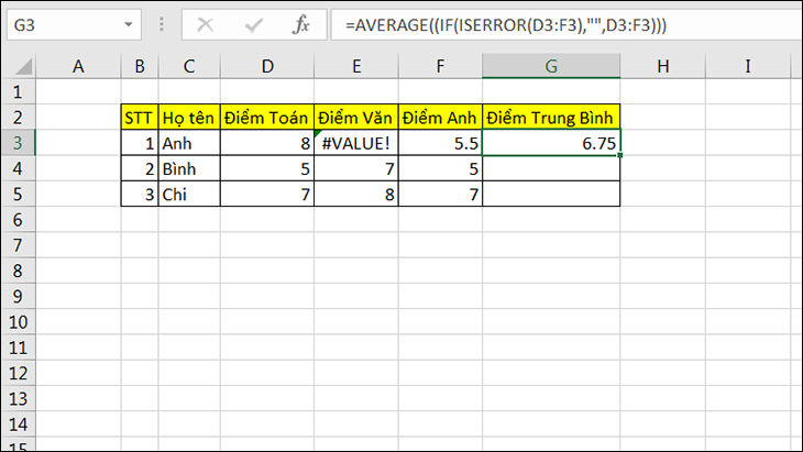 Khắc phục lỗi #VALUE! khi sử dụng hàm AVERAGE