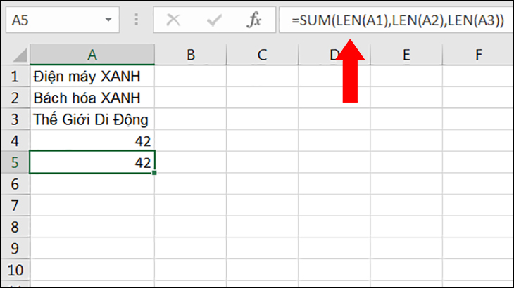 Dùng hàm SUM đếm tổng số ký tự
