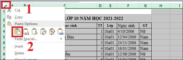 Bước 3: Trên bảng tính mới bạn nhấn chuột phải vào mũi tên nghiên bên góc trái màn hình và chọn Paste.