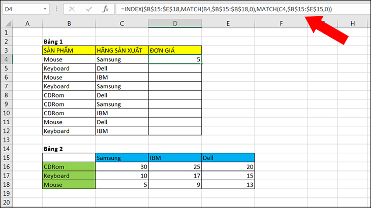 Kết hợp hàm INDEX và hàm MATCH