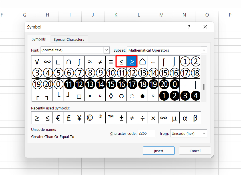 Cửa sổ Symbol hiện ra, chọn ký hiệu ≥ ≤ và nhấn Insert