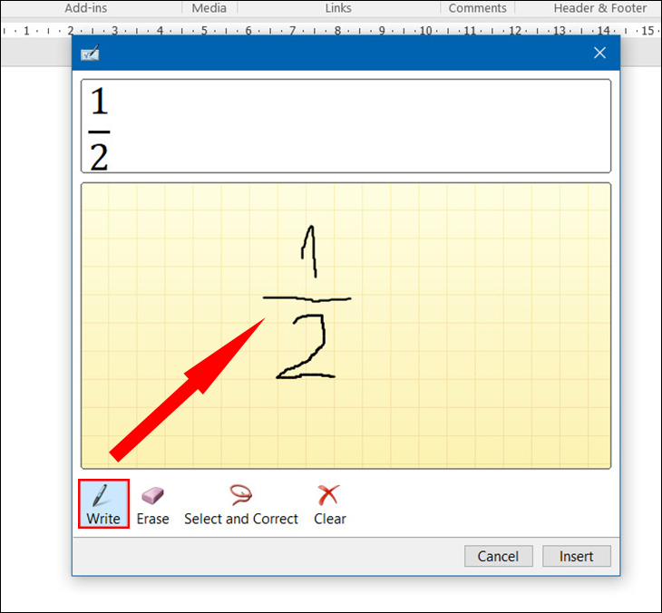 Chọn Write và di chuyển chuột để viết phân số mà bạn muốn