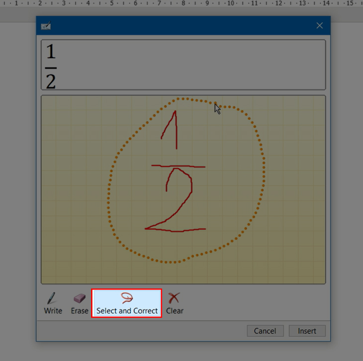 Chọn Select and Correct và di chuột khoanh vùng phân số bạn vừa vẽ