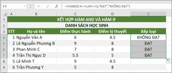 Ví dụ hàm AND kết hợp hàm IF trong Excel