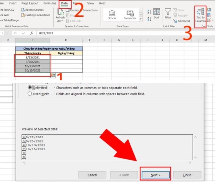 Chọn mục Text to Columns rồi nhấn Next ở cửa sổ đầu tiên