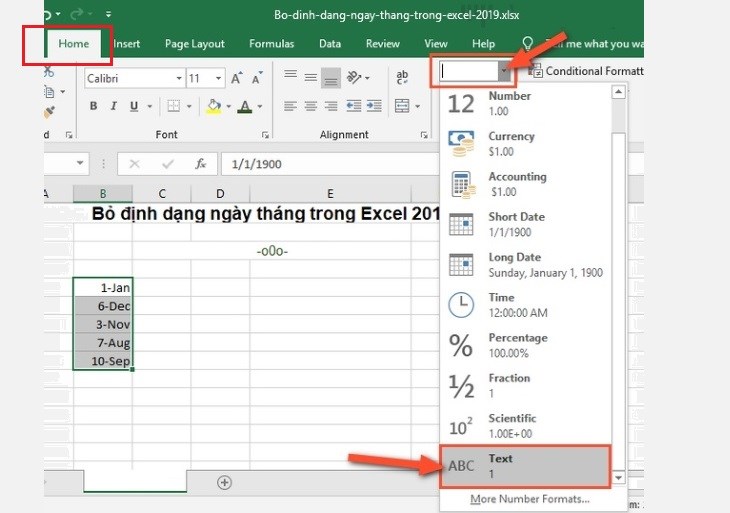 Chọn kiểu định dạng Text cho vùng dữ liệu đã chọn tại tab Home