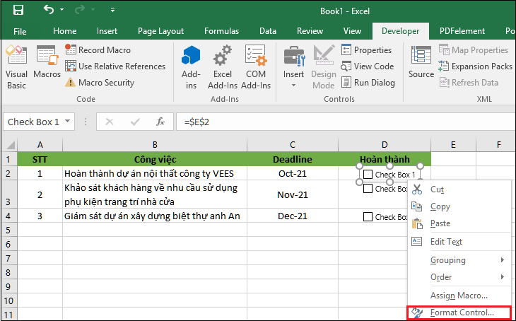 Nhấn chuột phải vào checkbox muốn định dạng, sau đó chọn Format Control