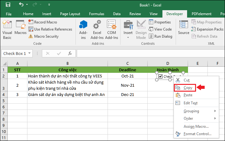 Bấm chuột phải vào checkbox và chọn Copy