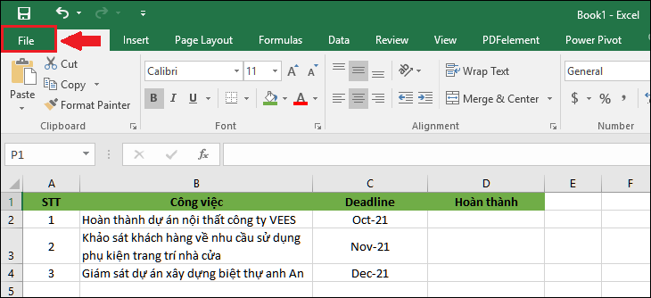 Mở file excel cần tạo checkbox. Sau đó chọn thẻ File