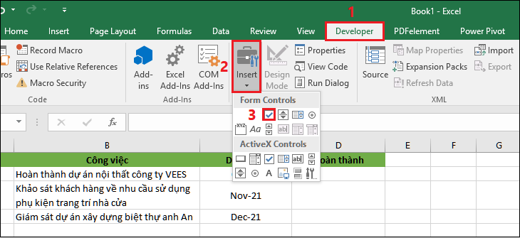 Trên thanh công cụ, bạn chọn tab Developer. Sau đó, bạn chọn Insert và chọn vào dấu tick