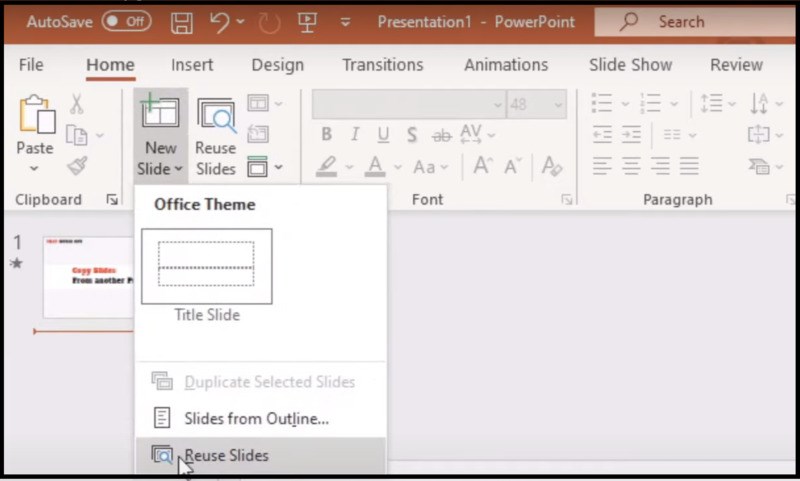 Chọn vào mục Reuse Slides