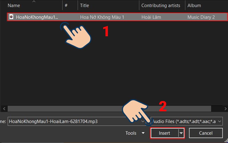 Chọn file nhạc mà bạn muốn thêm nhạc, rồi nhấn Insert.