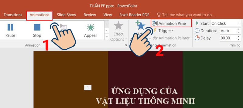 chọn Animations, sau đó vào Animations Pane để thiết lập lại trình phát nhac.